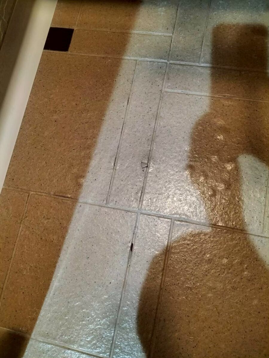 施工前　ユニットバスの床に入ったひび割れと欠け