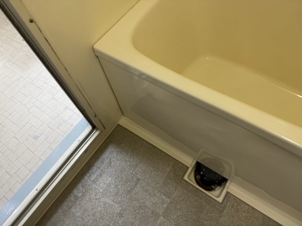 施工後、ドアの側から見たところ。浴槽のエプロンから洗い場の床まで新しくなっている