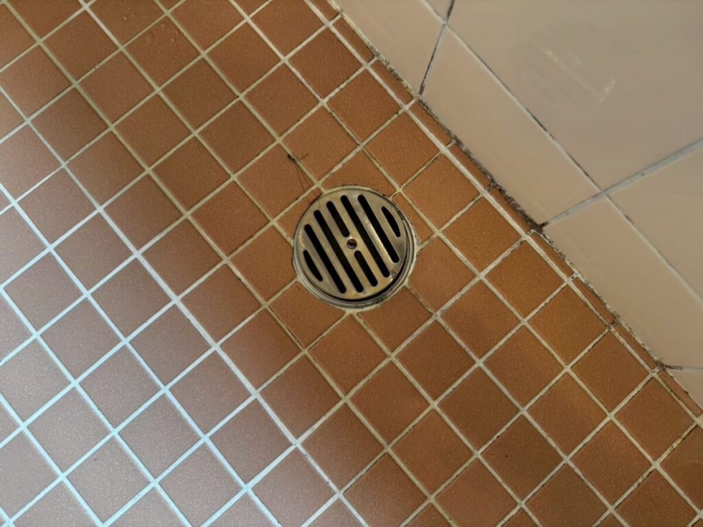 施工前、洗い場の床の排水口まわりを近くで見たところ。赤茶色の小さなタイルと、壁のタイルとの境目の黒っぽい汚れ