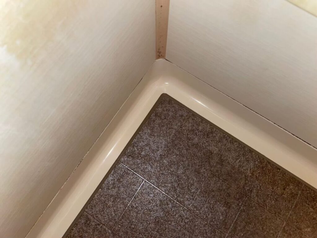施工後、壁の角と床の立ち上がり。壁はそのままで床だけを施工している